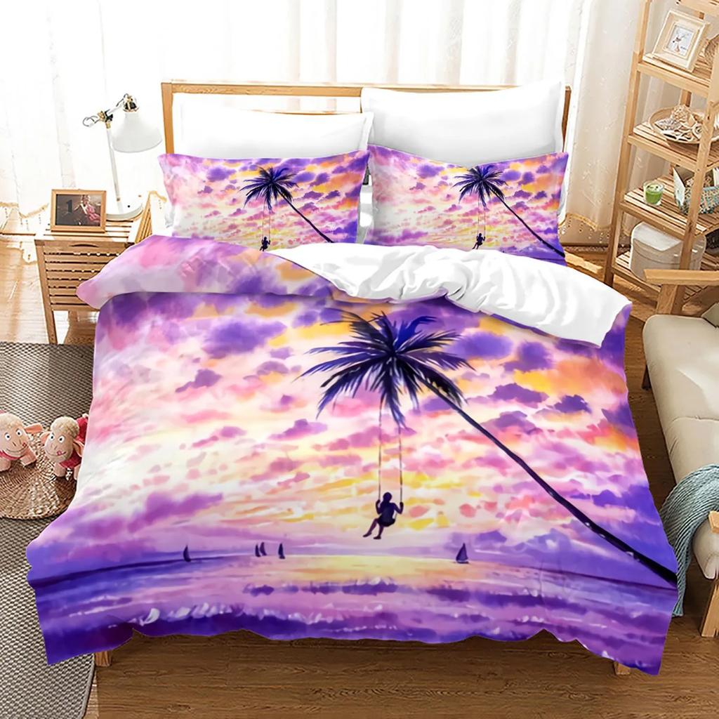 Pink Beach Duvet Cover With Pillowcase Sea Beach Nature Landscape Theme Print Bedroom Decorations Polyester For Children Women