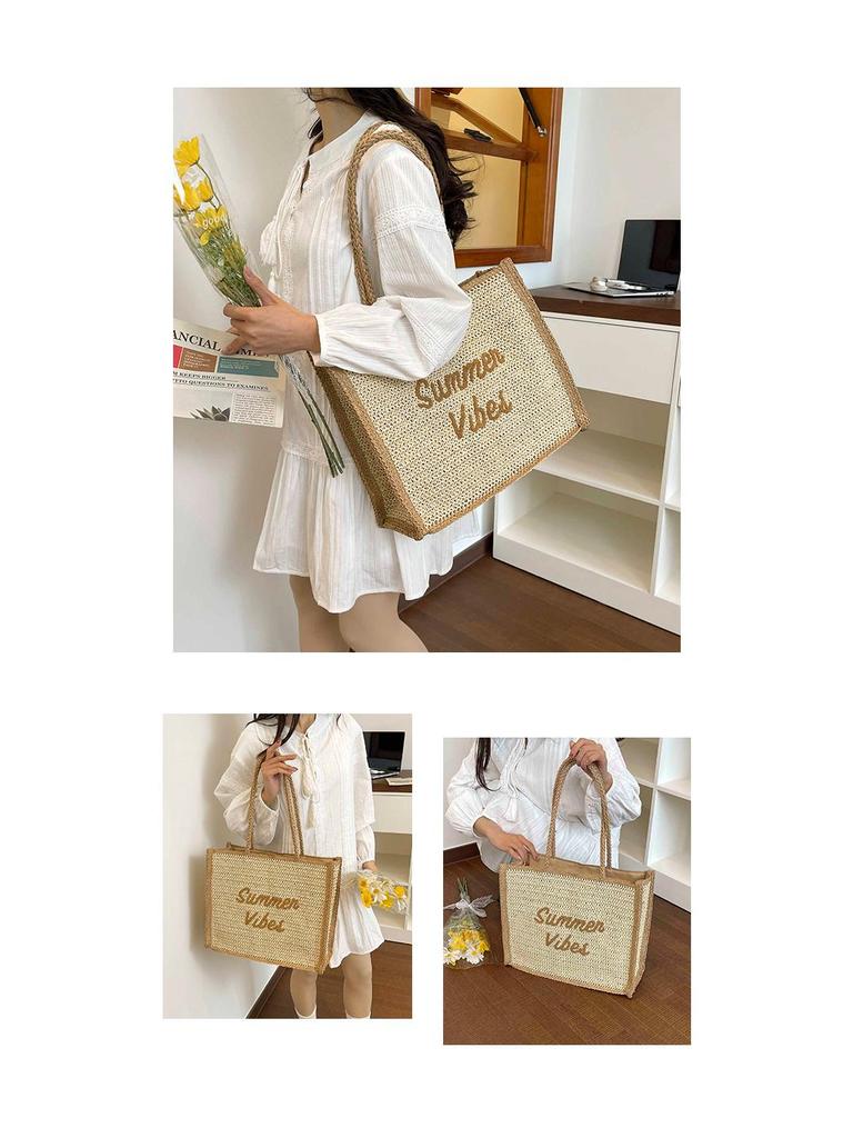 Women's Large Capacity South Wind Chic Straw Woven Tote Bag with Embroidered Letters