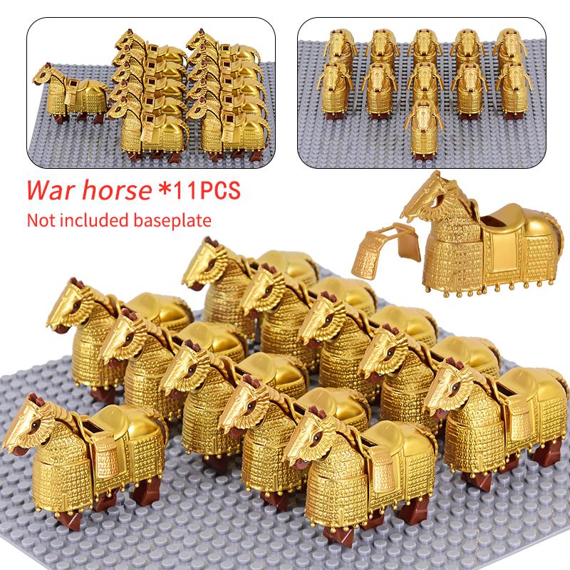11pcs Medieval Gothic War Horse Building Blocks Silver/Gold/Iron/Armored Horses Battle Steed DIY Bricks Toys
