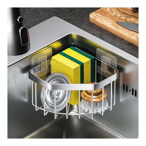 Stainless Steel Sponge Holder, Kitchen Storage Rack, Wall-mounted, for Sinks, Detergent Holder, Rust-resistant Dish Drainer, Triangular Corner Storage