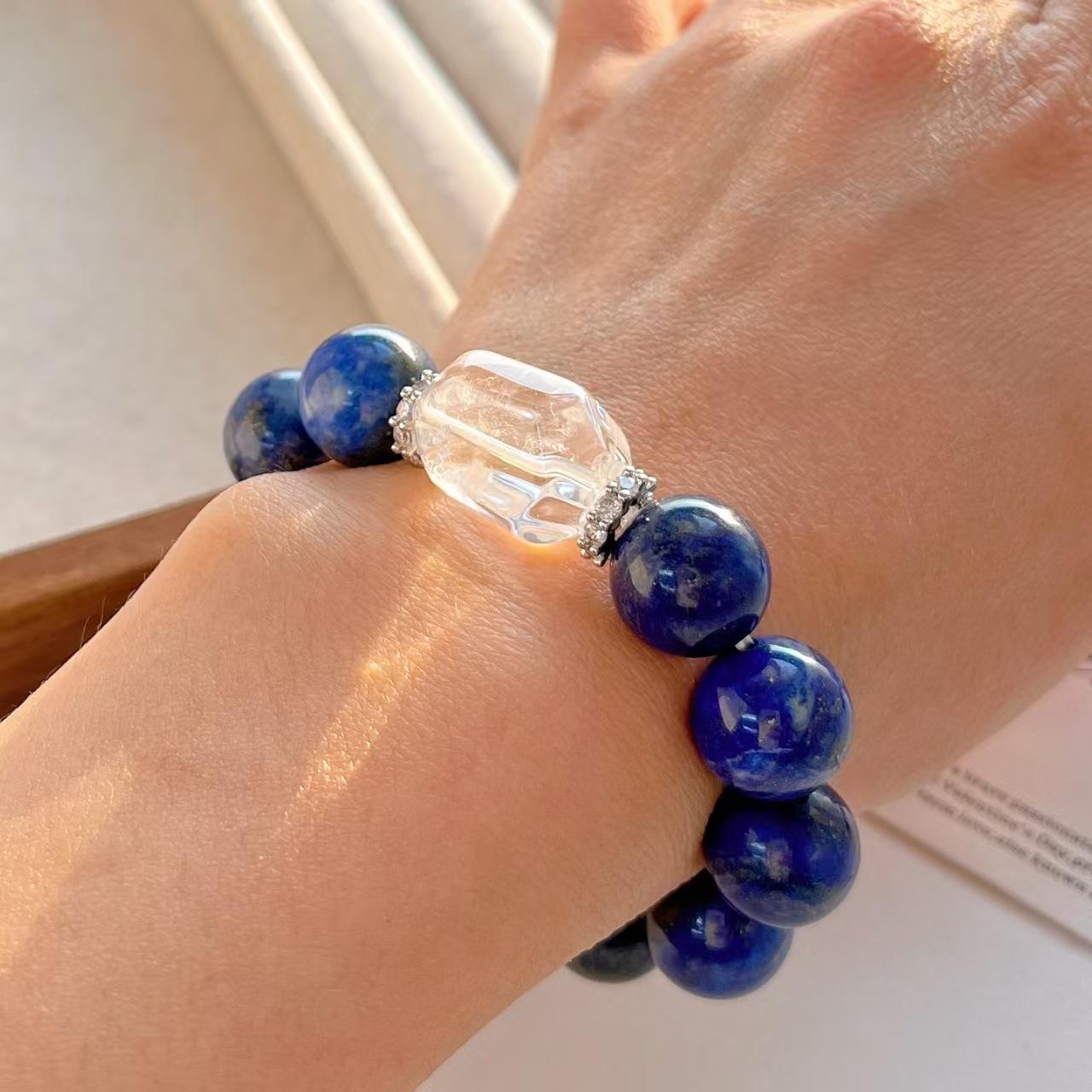 Haute Couture Large Grain High Quality Oil Painting 12Mm Natural Lapis Lazuli White Crystal Bracelet Bracelet