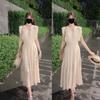 Japanese New Chen Duling Small Fly-Sleeve Floral Pleated Dress for Women, Summer High-Waisted A-Line Casual Long Dress