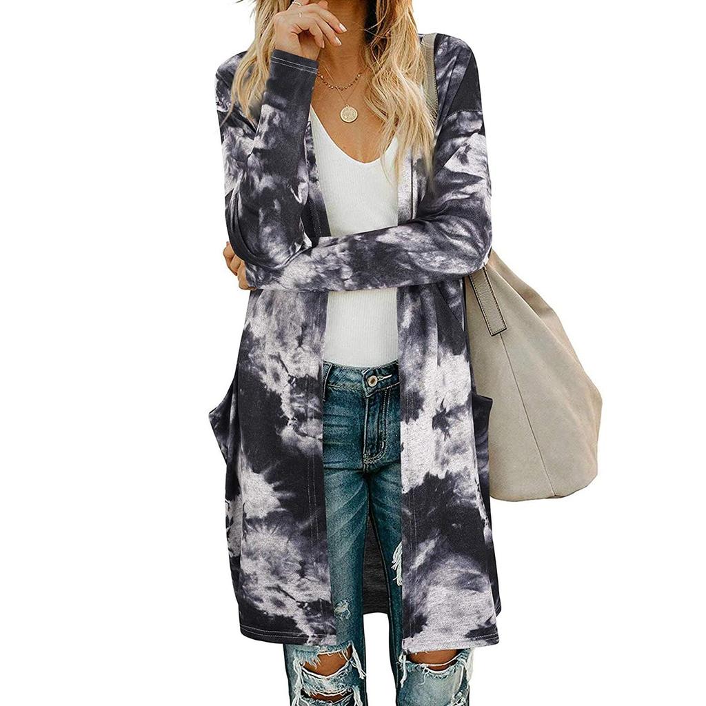 Women's Fashion Casual Printed Pocket Cardigan Medium And Long Coat
