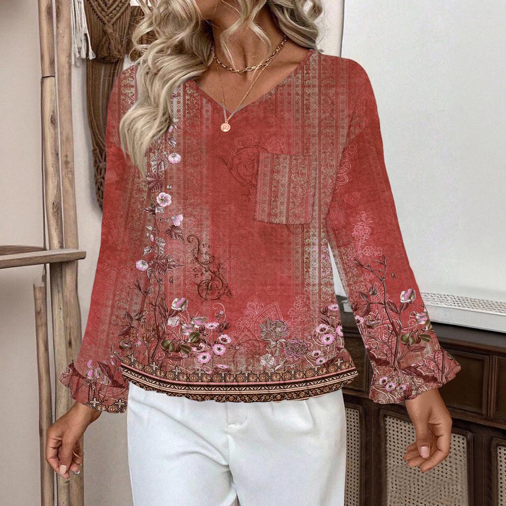 Dámský ležérní módní top s volánky, výstřihem do V, potiskem a dlouhým rukávem