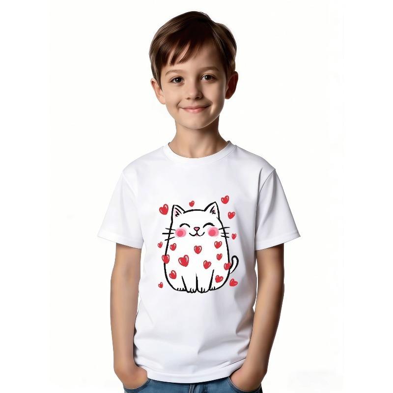 European sizes Cute Round White Kitten T-Shirt for Girls and Boys, Joyful Cartoon Design, Heart Hugging Pattern, Casual Crew Neck, Short Sleeve