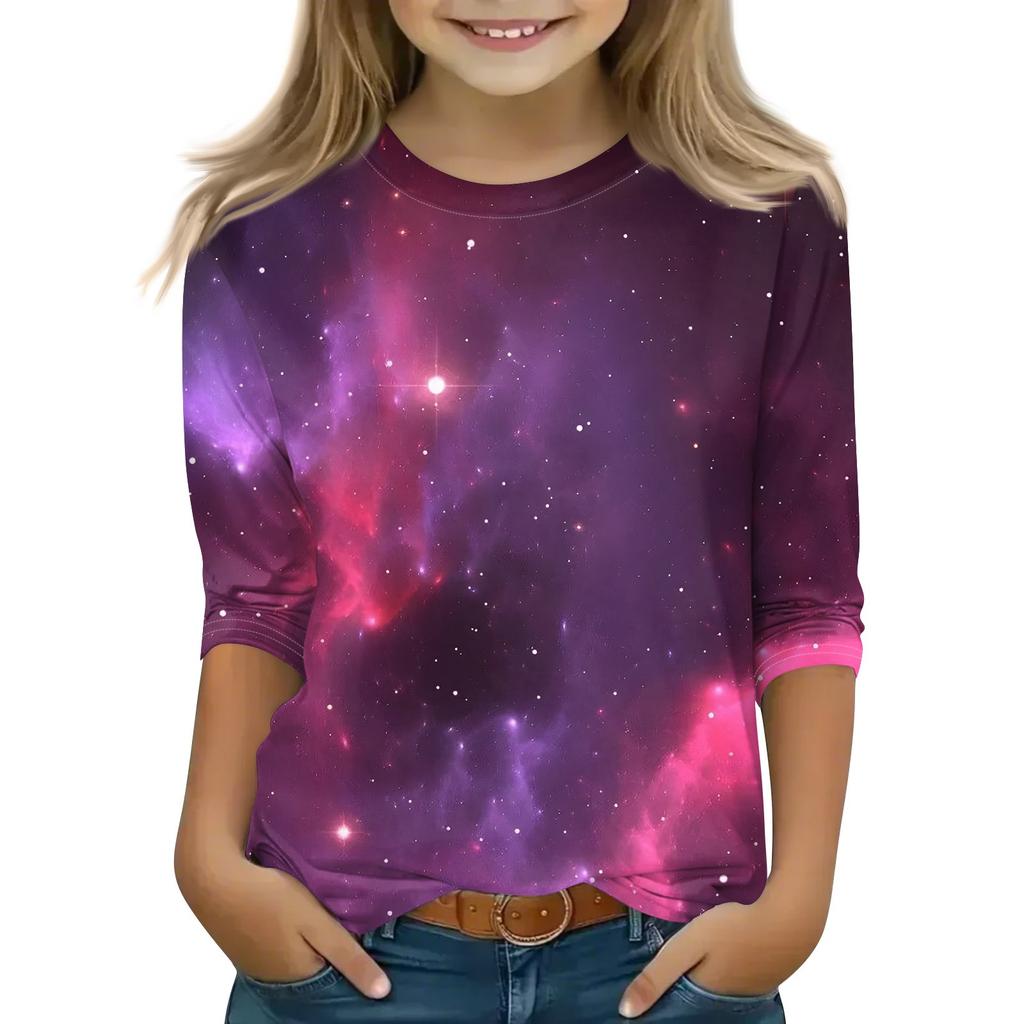 Bedruckte Oberteile für junge Mädchen von 5–16 Jahren, Rundhalsausschnitt, 3/4-Ärmel, T-Shirts, trendige Oberteile, Outfit-T-Shirts