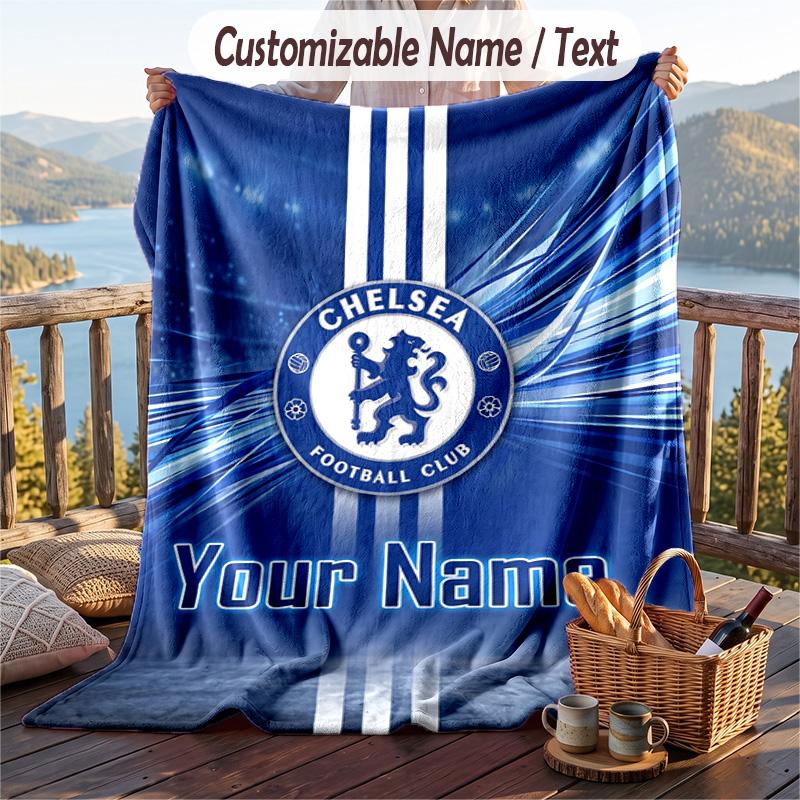 Flannel Blanket Chelsea FC Print Custom Name Text Soft Throw for Sofa Bed
