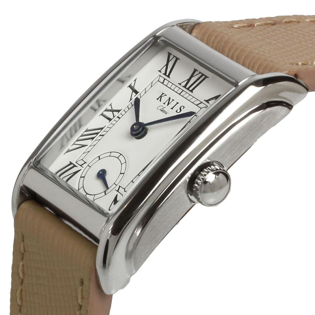 KNIS Kyoto Japan KN004-SVBESF Unisex Classic Rectangular Watch Quartz White Dial Roman Numerals Silver Beige Saffiano Leather 3ATM Water Resistant