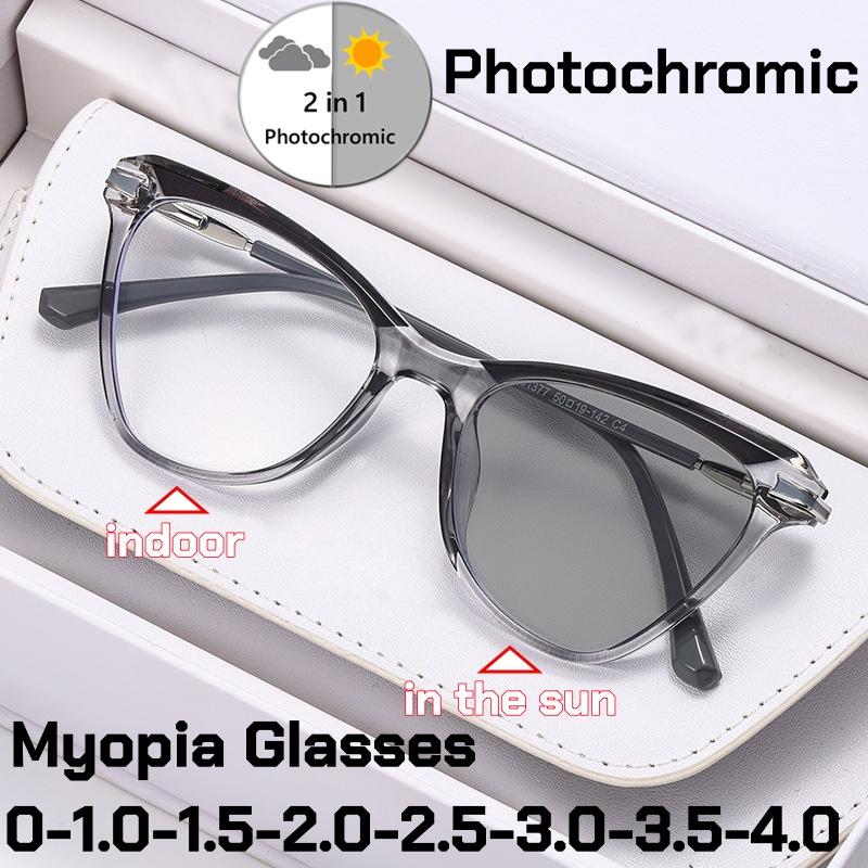 New Fashion Women Cat Eye Photochromic Myopia Glasses lady's Anti Blue Light Near Sight Eyewear Outdoor Color Changing UV protection Sunglasses -4.0