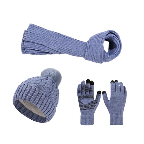 3Pcs/Set Winter Hat Scarf Gloves Set Solid Color Windproof Plush Ball Hat Neck Warmer Touch Screen Gloves Set