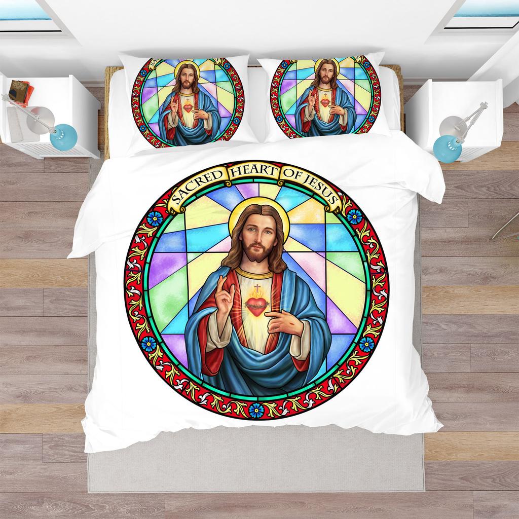 Jesus Christ King Queen Duvet Cover Christianity Bedding Set Western Religion Quilt Cover Blue-green Polyester Comforter Cover