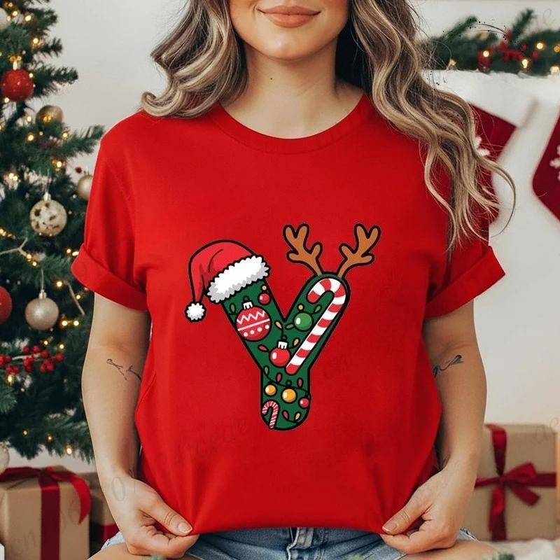 Festive Christmas Alphabet Letter Santa Hat Print Tshirt for Women Fashion T Shirt Streetwear Female Clothes Casual clothing