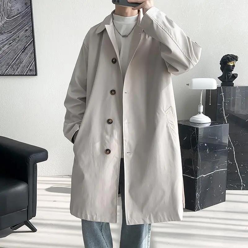 Men's Spring/Fall Mid-Length Trench Coat Solid Color Button-Front Oversized Coat