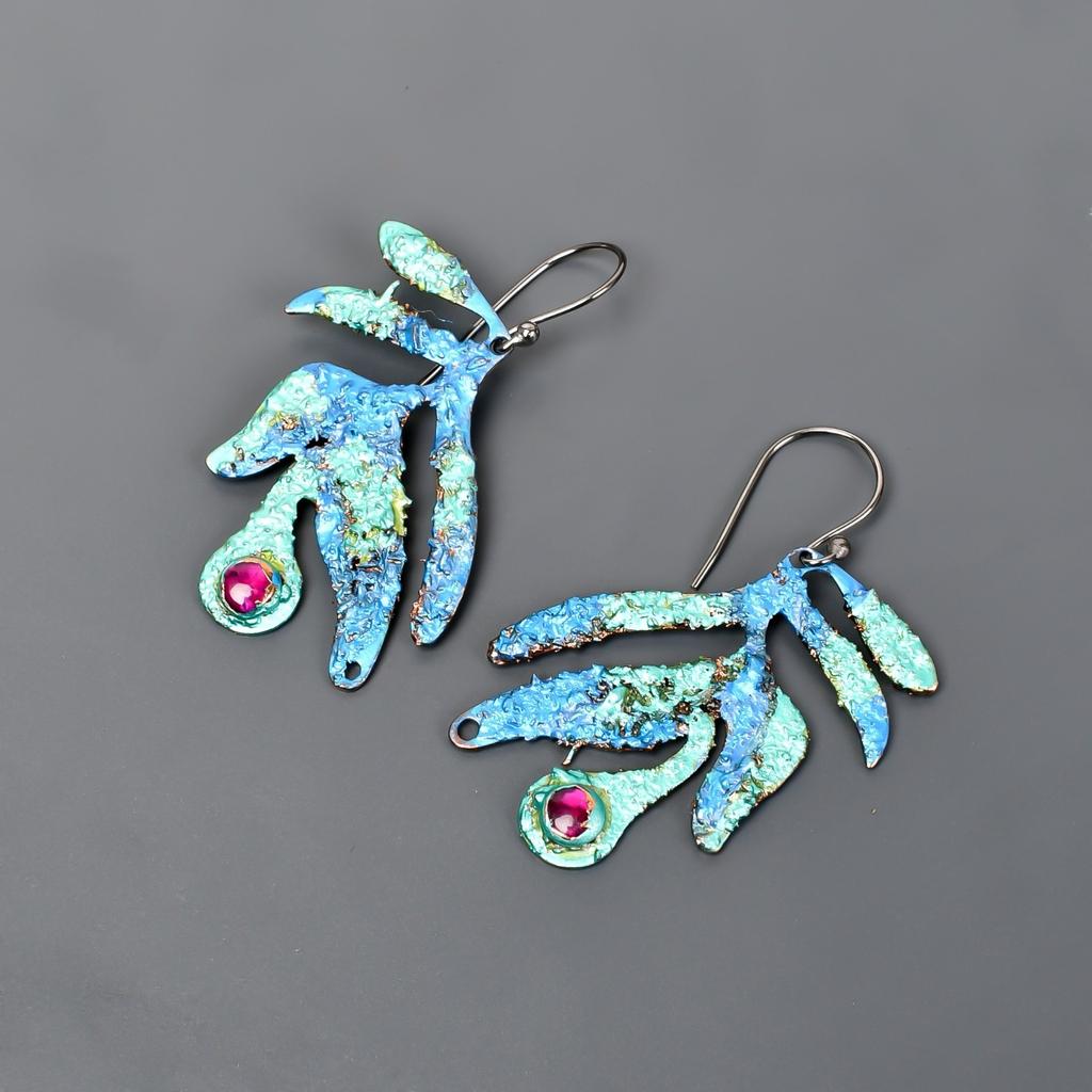 Natural Pink Ruby Copper July Dangle Multi Electroformed Anniversary EarringsRou V-92