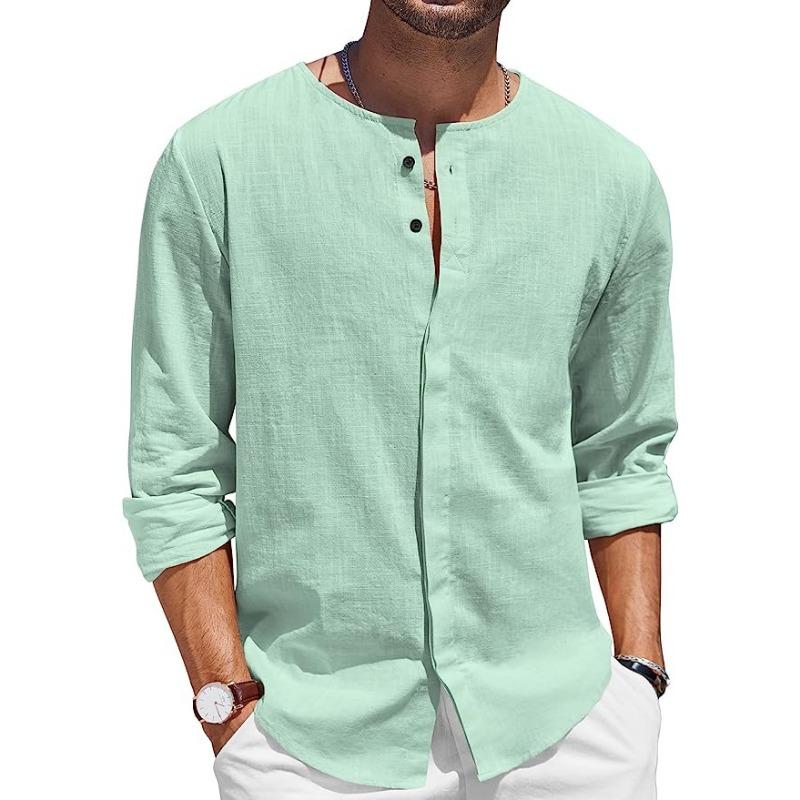 

Foreign Trade Men s Cotton and Linen Shirt Long-sleeved T-shirt Button-neck Casual Beach Shirt XXXL зелений