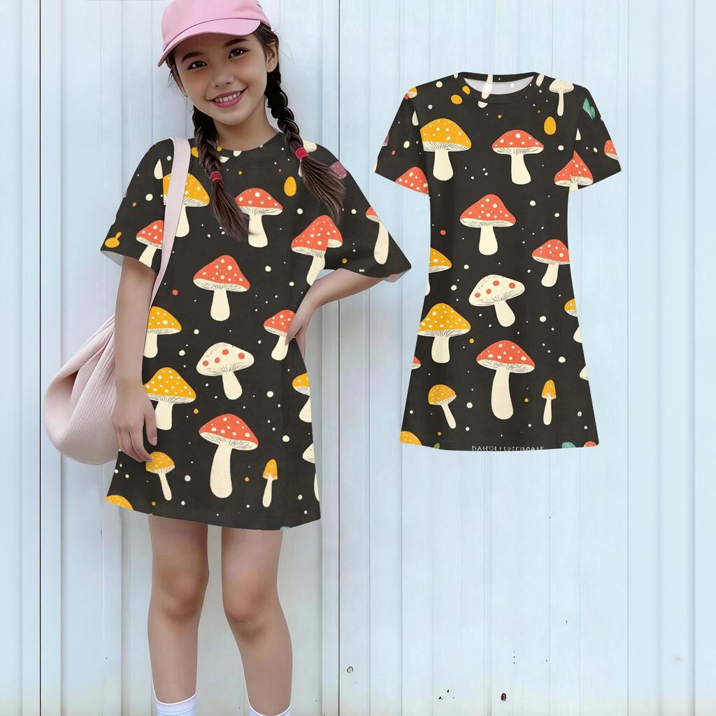 Girls Print Casual Dress Kids Loose Round Neck Short Sleeve Thin Sundress