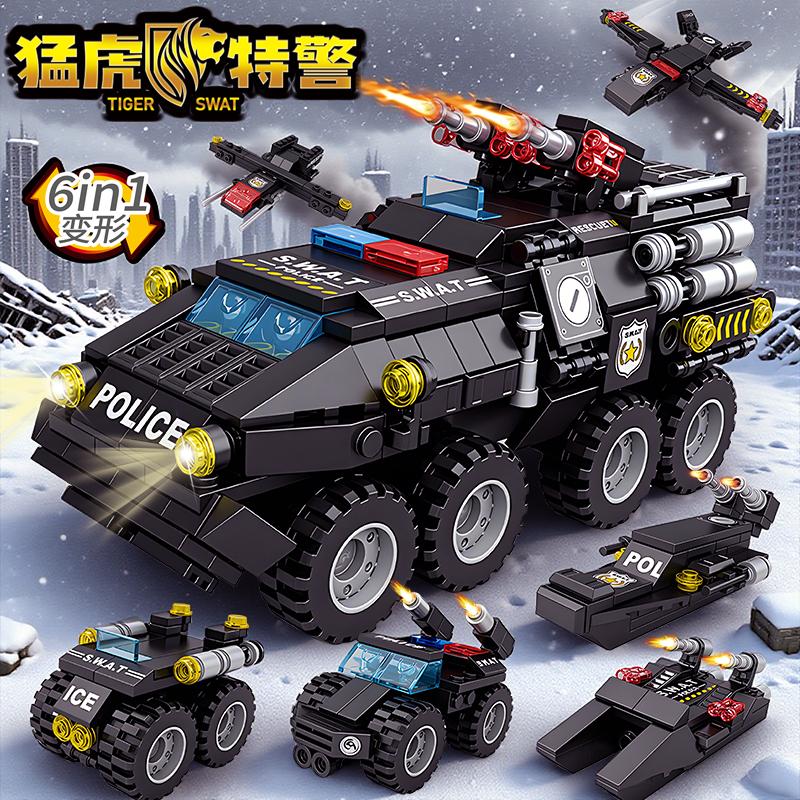 6 in 1 Blocchi da Costruzione Militari Tigre Auto della Polizia Veicolo Corazzato Set Aereo Giocattoli da Costruzione Fai da Te per Bambini Regalo di Natale Compleanno