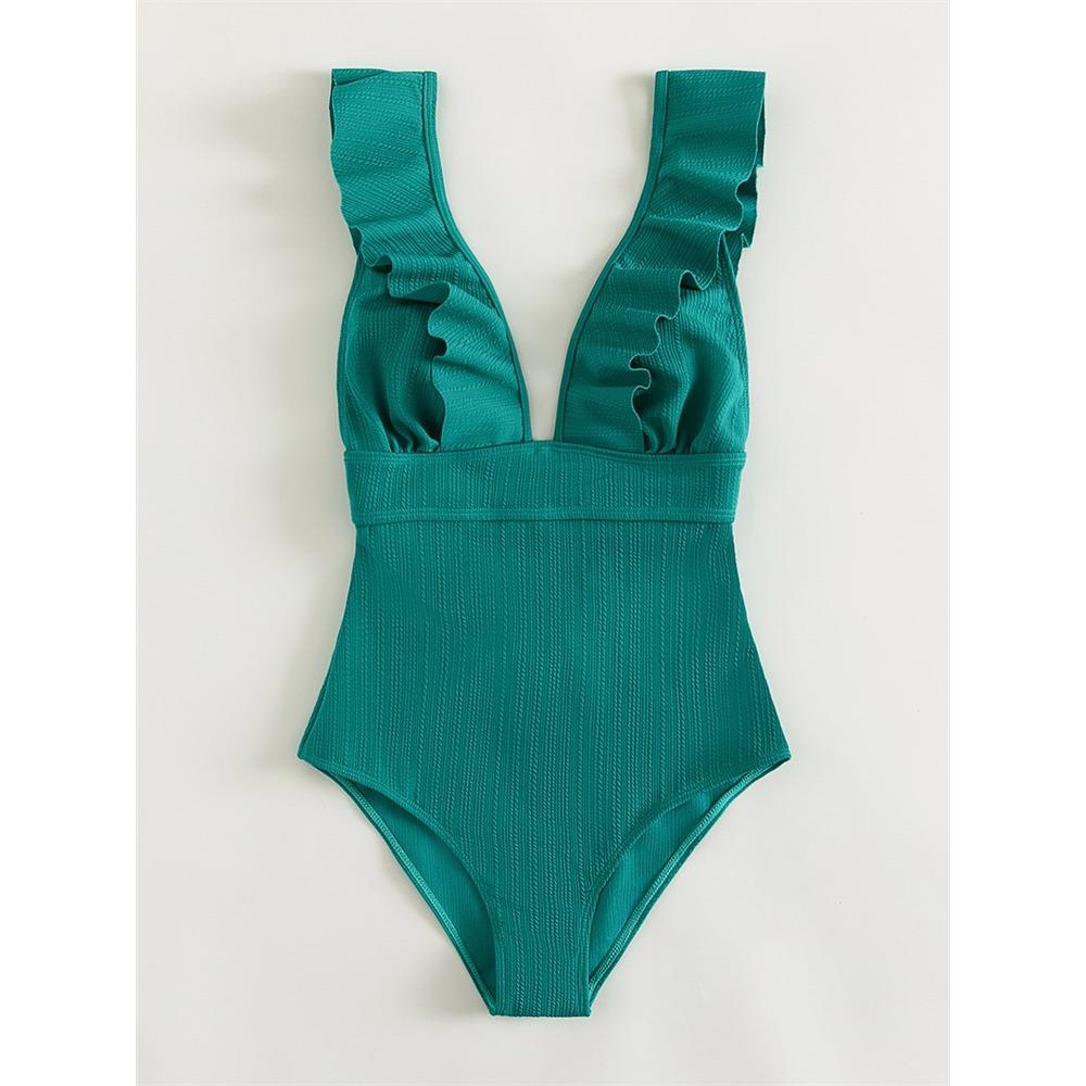 European and American One-piece Ruffle Edge Swimwear Three-dimensional Striped Sexy Swimsuit