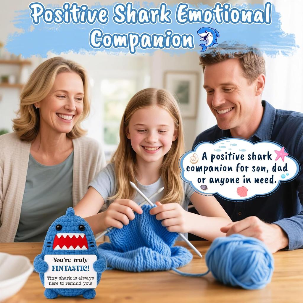 Funny Positive Crochet Shark Doll Desktop Ornament Handmade Cheer Emotional Support Positive Shark with Card Home Party Decor