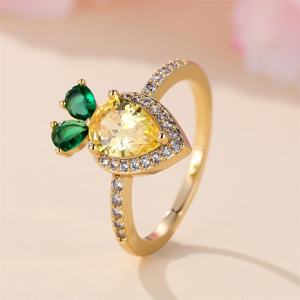 Cute Female White Yellow Green Water Drop Round Zircon Stone Ring Gold Color Novelty Gift Party Wedding  For Women