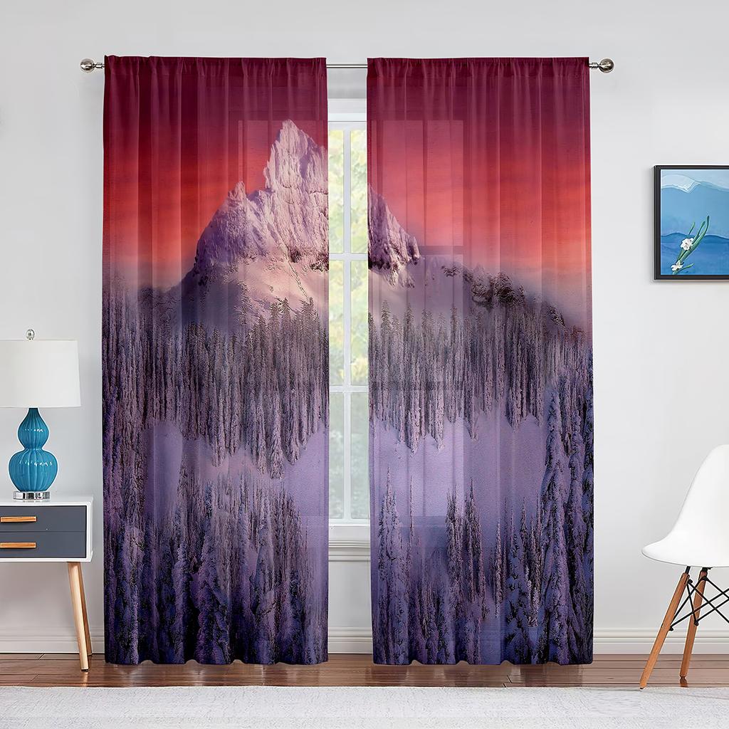 Snow Mountain Dreamy Dusk Scenery Sheer Curtain for Living Room Bedroom Voile Drape Kitchen Window Tulle Curtains Home Essential