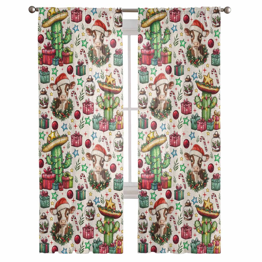 Christmas And Winter Western Cowboy Hat Curtains For Living Room Bedroom Home Decoration Window Voile Tulle Curtain Drapes