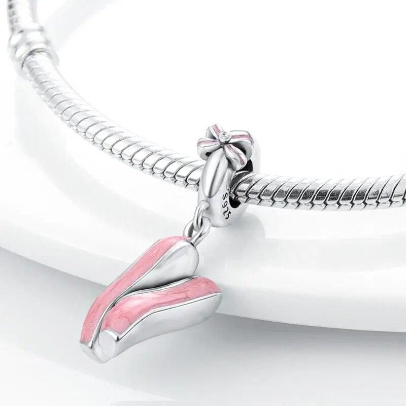 Silver Plated Pink Ballet Skates Shoes Pendant Heart Charms Fit Bracelet Jewelry Making for Women