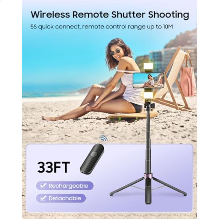 53'' Selfie Stick Tripod with Light Enhanced 4Leg Cell Phone Stand Camera Tripod with Rechargeable Wirel Remote 2 Fill Light Po