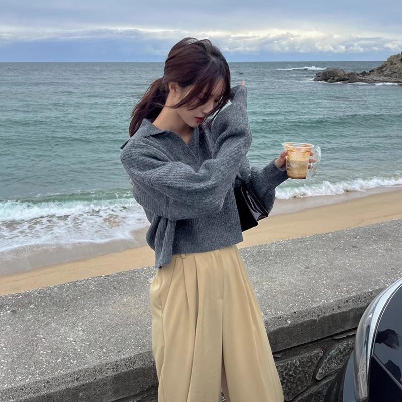 Korean Chic Autumn Winter Half Open Neck Loose Casual Solid Sweet Girl Tops All-match Lantern Sleeve Knitted Sweater Women 30988