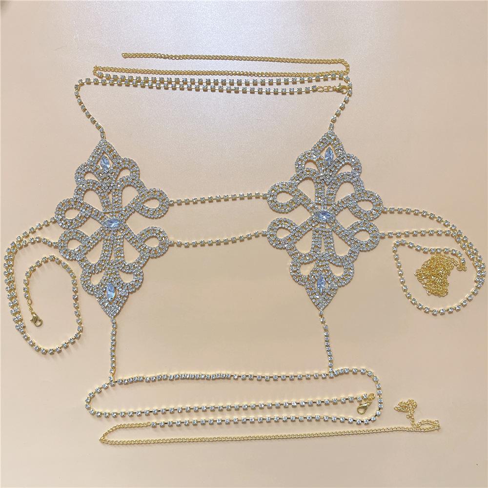 European And American Retro Sexy Rhinestone Body Chain, Female Sexy Hollow Lotus Leaf Bikini Bra Chain Accessories