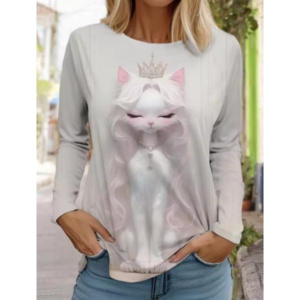 Camisetas de Mujer de Manga Larga Casuales de Moda con Cuello Redondo y Estampado de Gato Lindo con Impresión 3D para Primavera y Otoño