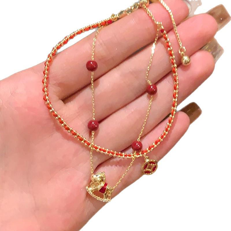 18k Gold Plated Zircon Double Layer Horse Bracelet - Chinese Retro Style with Woven Rope