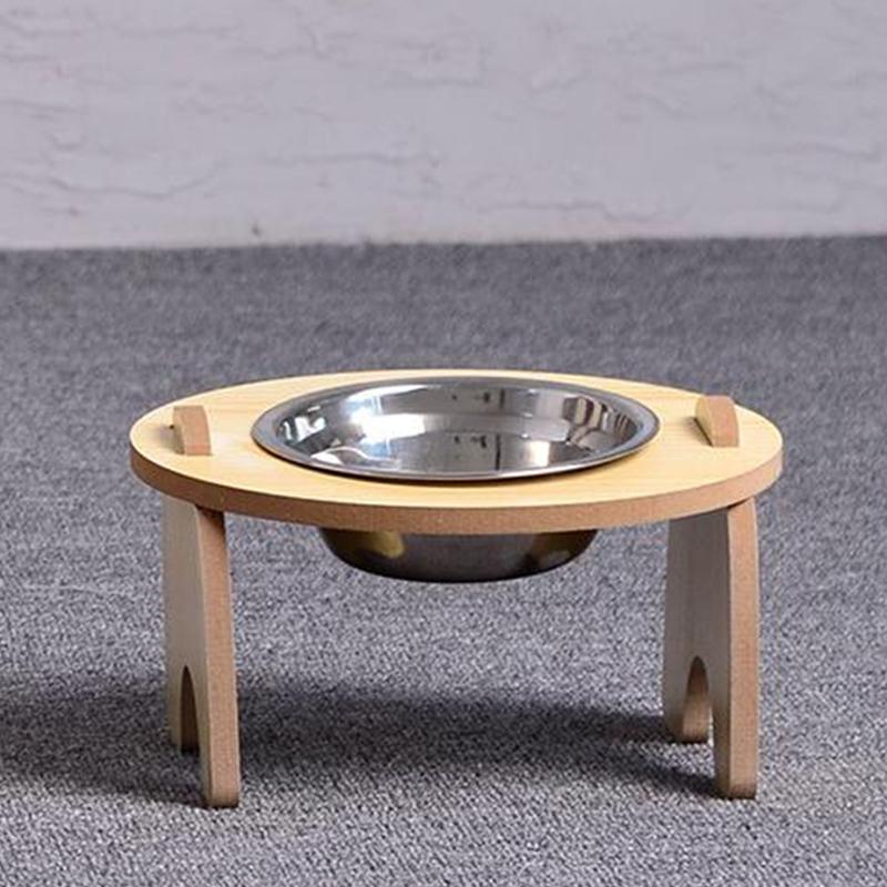 Elevated Pet Bowls Tilted Single/Double Cat Stainless Steel Food Bowls Wooden Dog Water Feeding Container Cat Supplies