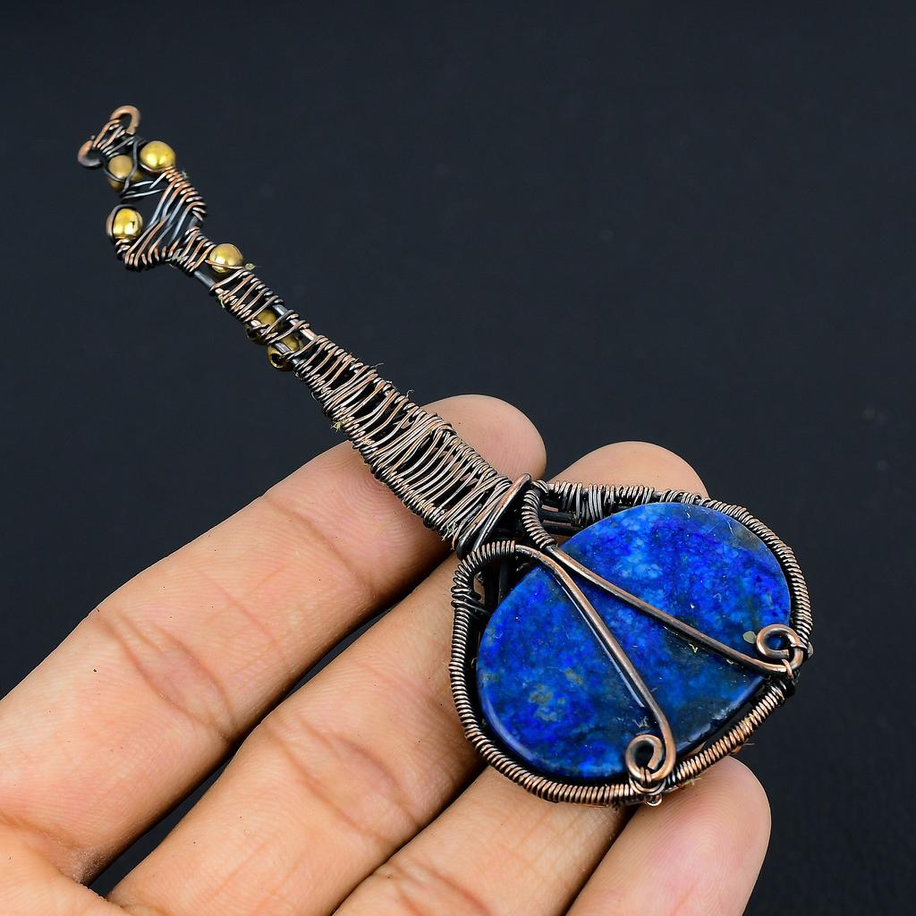 Natural Guitar Lapis Lazuli Gemstone Handmade Copper Wire Wrap Pendant 4.33 s0P54