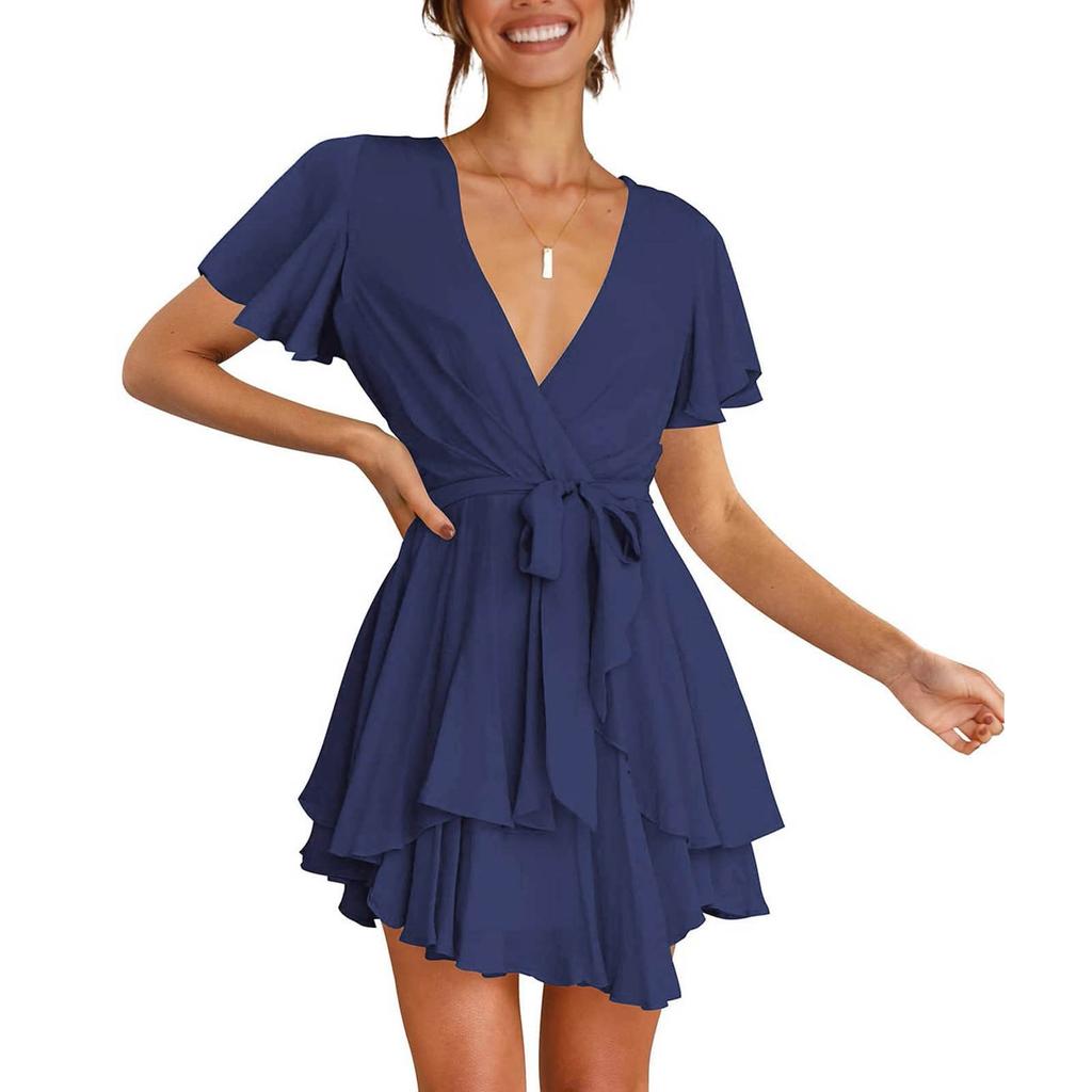 Women's Fashion Casual Color Short Sleeve V-Neck Loose Waist Ruffle Dress