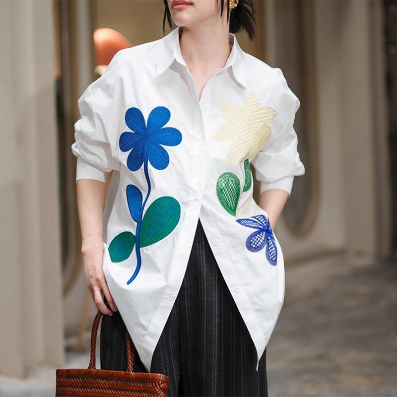 

ZANZEA Женская повседневная блузка с отложным воротником, длинным рукавом и цветочным принтом белый