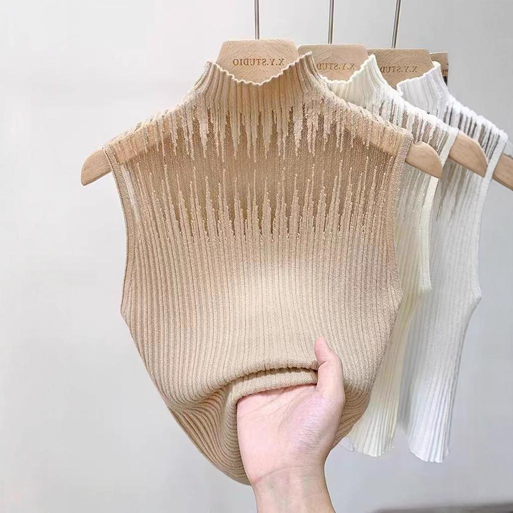 Síťovaný pletený top dámský Y2K tílko poloviční rolák vesta dámský svetr bez rukávů šik výřez streetwear jednobarevný přiléhavý trubkový top