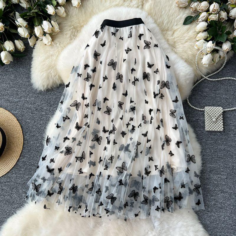 

Super Fairy Mesh Skirt Women s Heavy Industry Butterfly Embroider Fairy Gauze Skirt French High Waist Slim Looking Cover A- line Skirt Apricot All yards