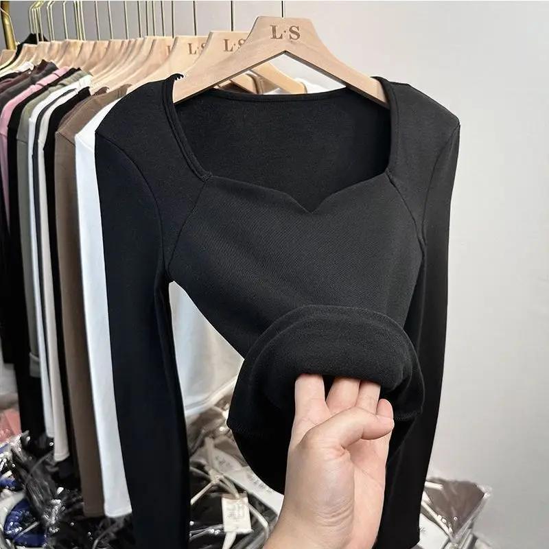 Autumn Winter Sanding Long Sleeve T Shirt Women's Plush Square Neck Short Warm Matte Autumn Clothing