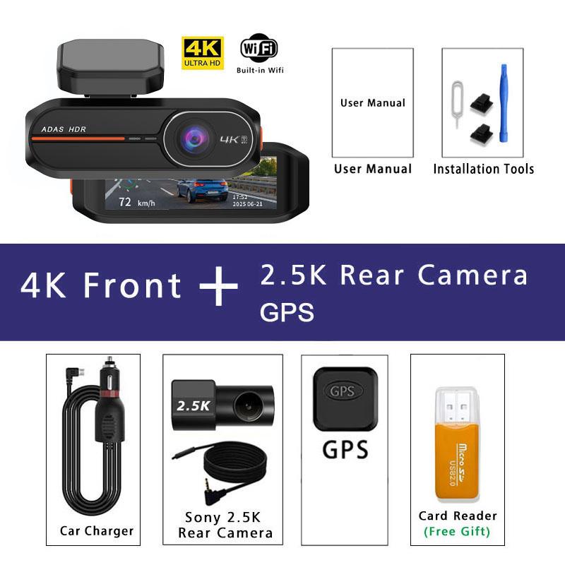 UHD 4K 3840*2160P Dash Cam ADAS WiFi GPS Front 4K Rear 2.5K DVR Video Recorder 24H Night Vision Dash Cam Car Camera Black Box
