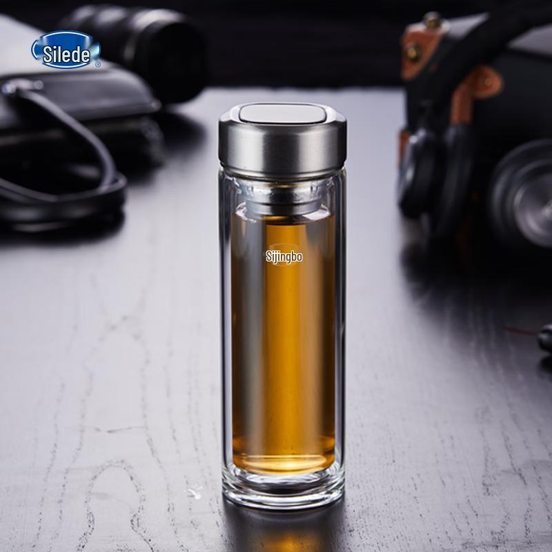 Sleek Silver Ion Antibacterial Double-Wall Glass Tea Infuser Bottle