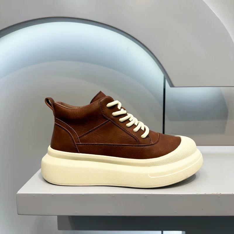 Autumn and Winter Velvet Retro Thick-soled Casual Leather Surface Lace-up Trendy Shoes Premium Sense Zmd