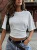 Popular Summer Shrinkage Pleated Solid Color Round Neck Waist Thin Women's Short Sleeves