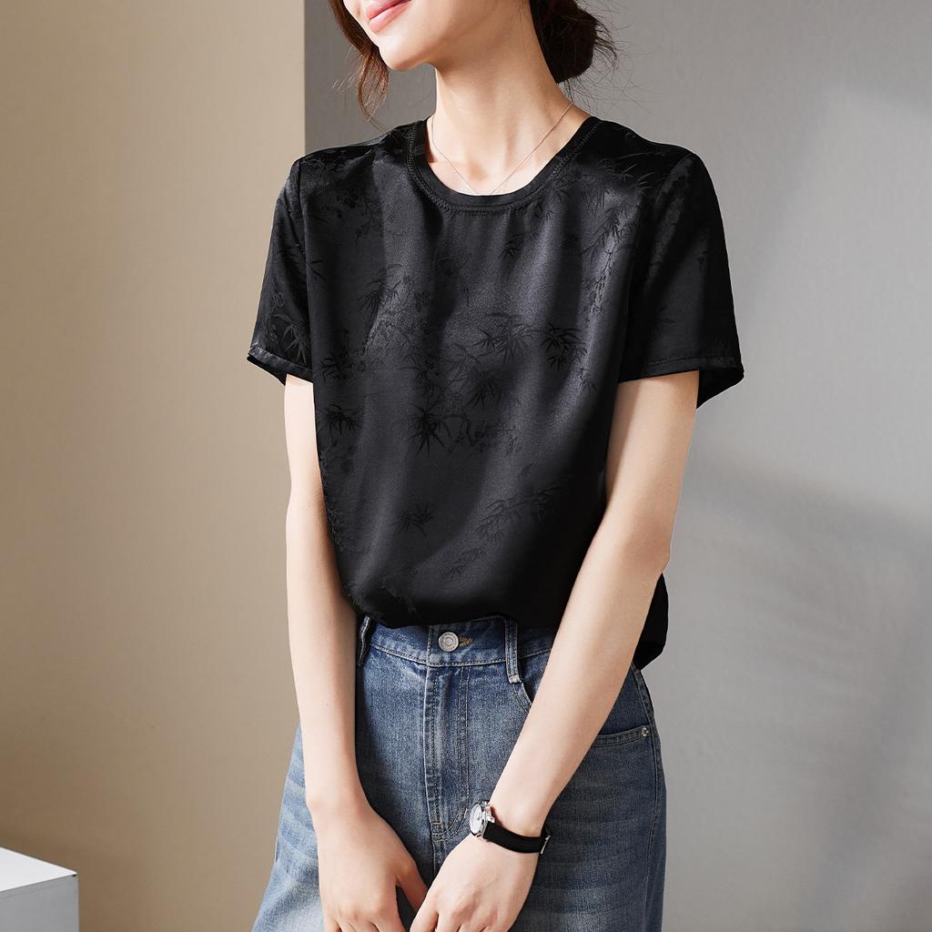 National Style New Chinese Jacquard Mulberry Silk Shirt for Women