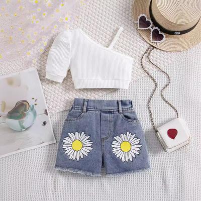 Girls' Suit Summer Children's Solid-color Short-sleeved Top and Denim Shorts