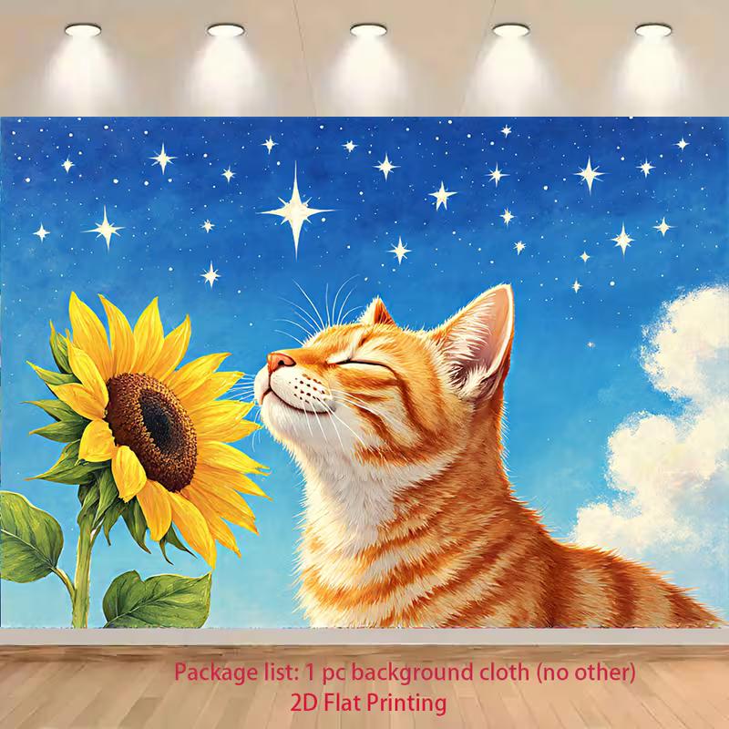 

2D Cozy Cat and Sunflower with Starry Sky Live Stream Background Cloth for Vlog 47.2x31.5inch/120*80cm