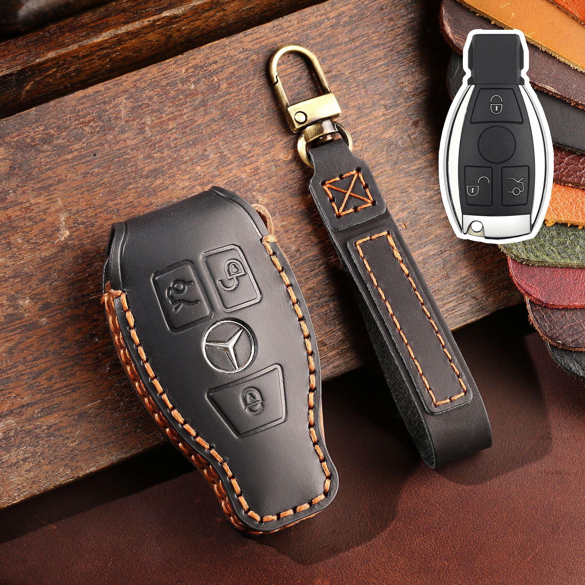 

Leather key bag is suitable for Mercedes-Benz c260L car key cover C200L handmade cowhide keychain with one click to start. чёрный
