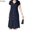 ZANZEA Women Casual V-Neck Summer Short Sleeve Solid Color Dress