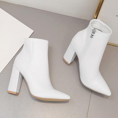 Damen Hohe Dicke Absatz Kurze Stiefel Spitze Zehe Seitenreißverschluss Weißer Stiefel für Büro Karriere Nachtclub Party Bankett Laufsteg Treffen