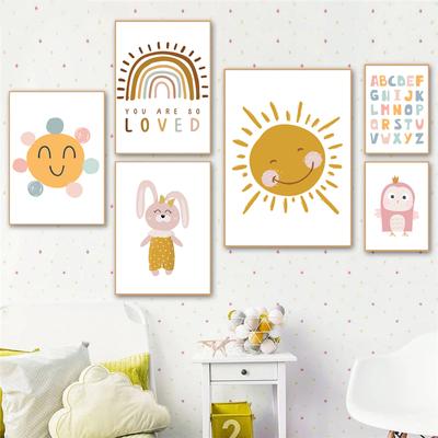 Alfabeto colorido arco-íris coelho sol arte de parede pintura em tela pôsteres nórdicos e impressões fotos de parede para decoração de quarto de bebê sem moldura